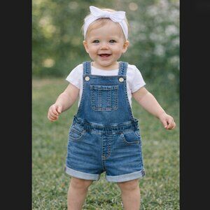 Wonder Nation Baby Girl 12M Cotton Bib Shortalls Blue Denim Overall Romper EUC